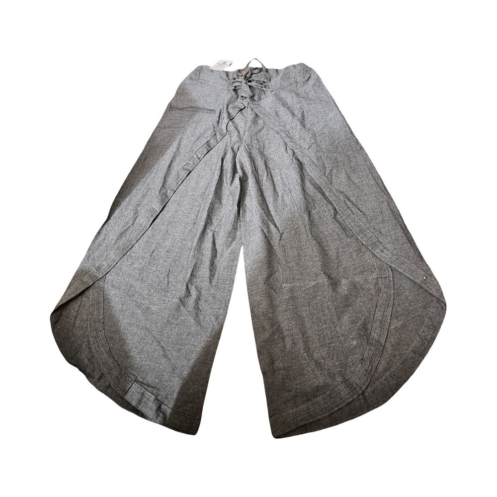 Karma Nepal Craft Grey 100% Cotton Double Layer Palazzo Pants Lace Up Front L - Picture 2 of 5